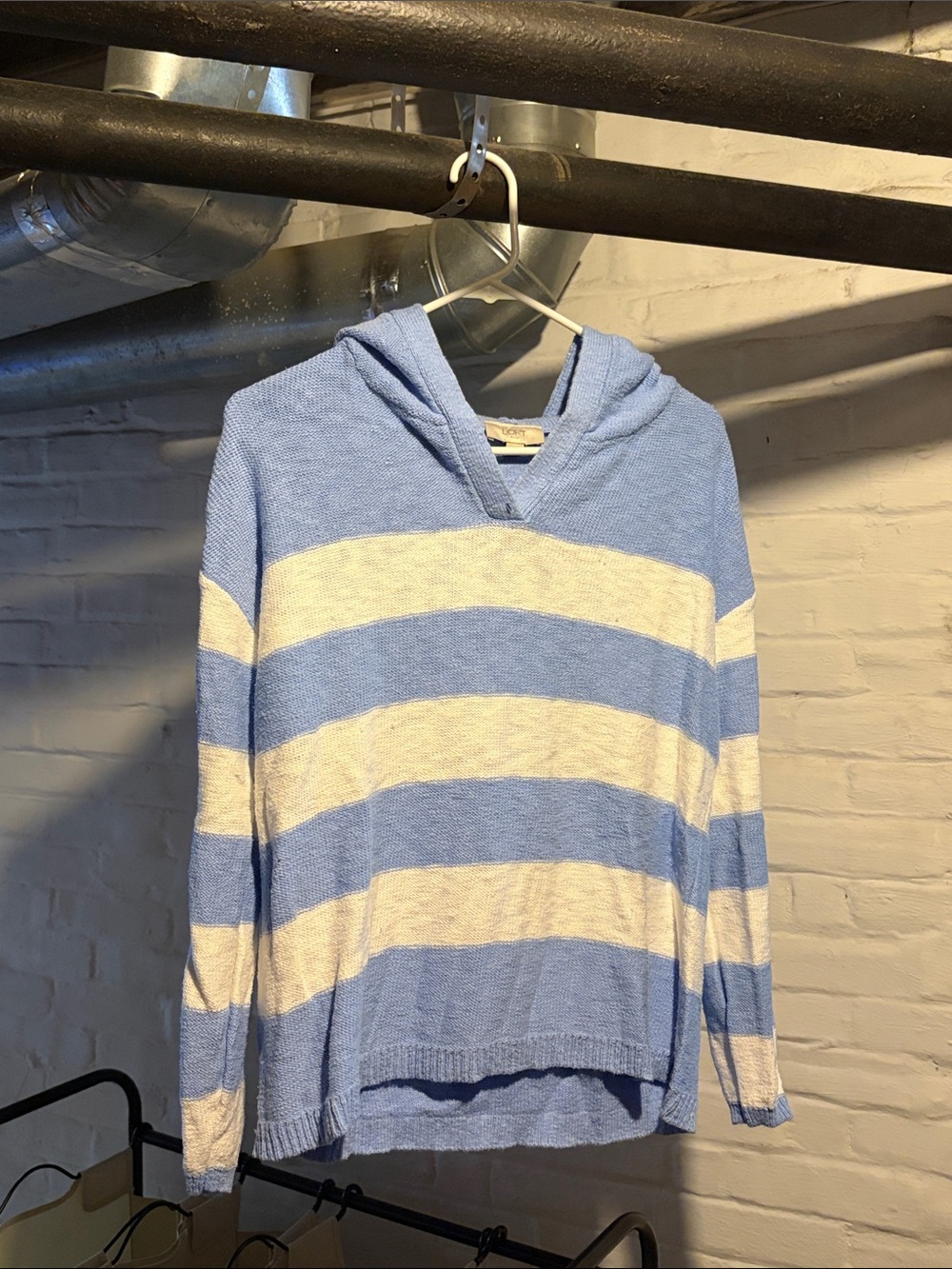 LOFT Striped Crewneck Hooded Sweater in Light Blue and Cream